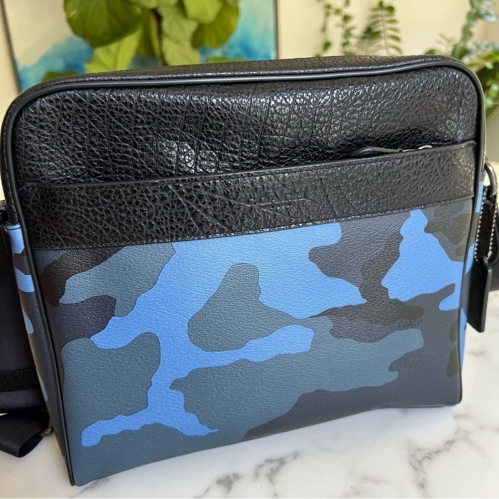 COACH CHARLES CAMERA BAG WITH CAMO PRINT F29052 Dusk Blue Black Multi Crossbody - Picture 9 of 16